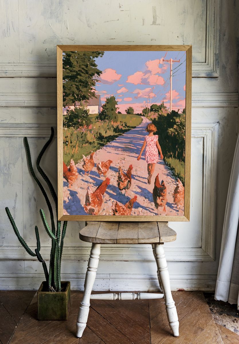 Country Walk with Chickens Print. — room view 1
