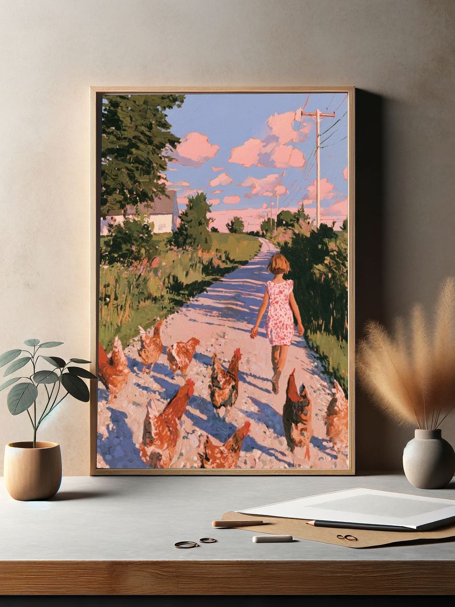 Country Walk with Chickens Print. — room view 2