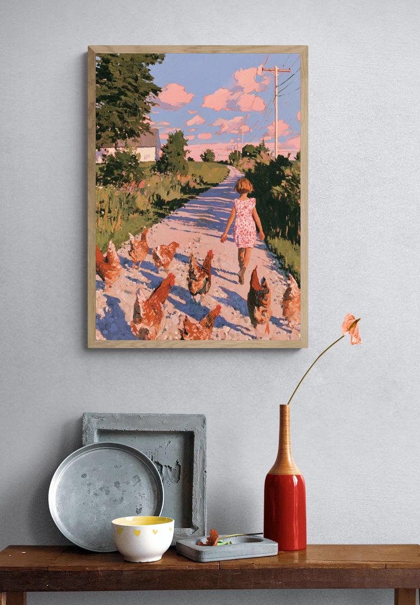 Country Walk with Chickens Print. — room view 3