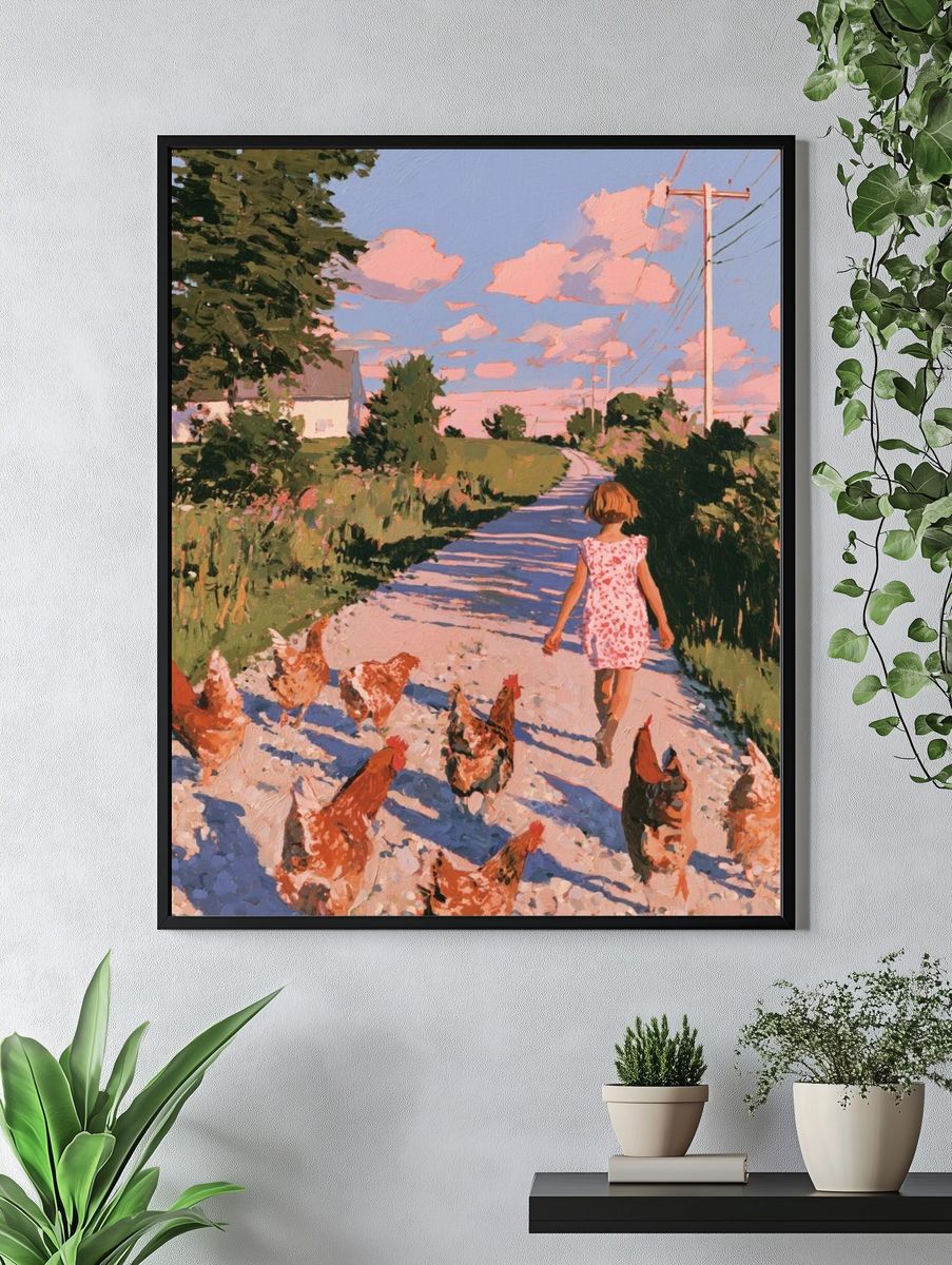 Country Walk with Chickens Print. — room view 4