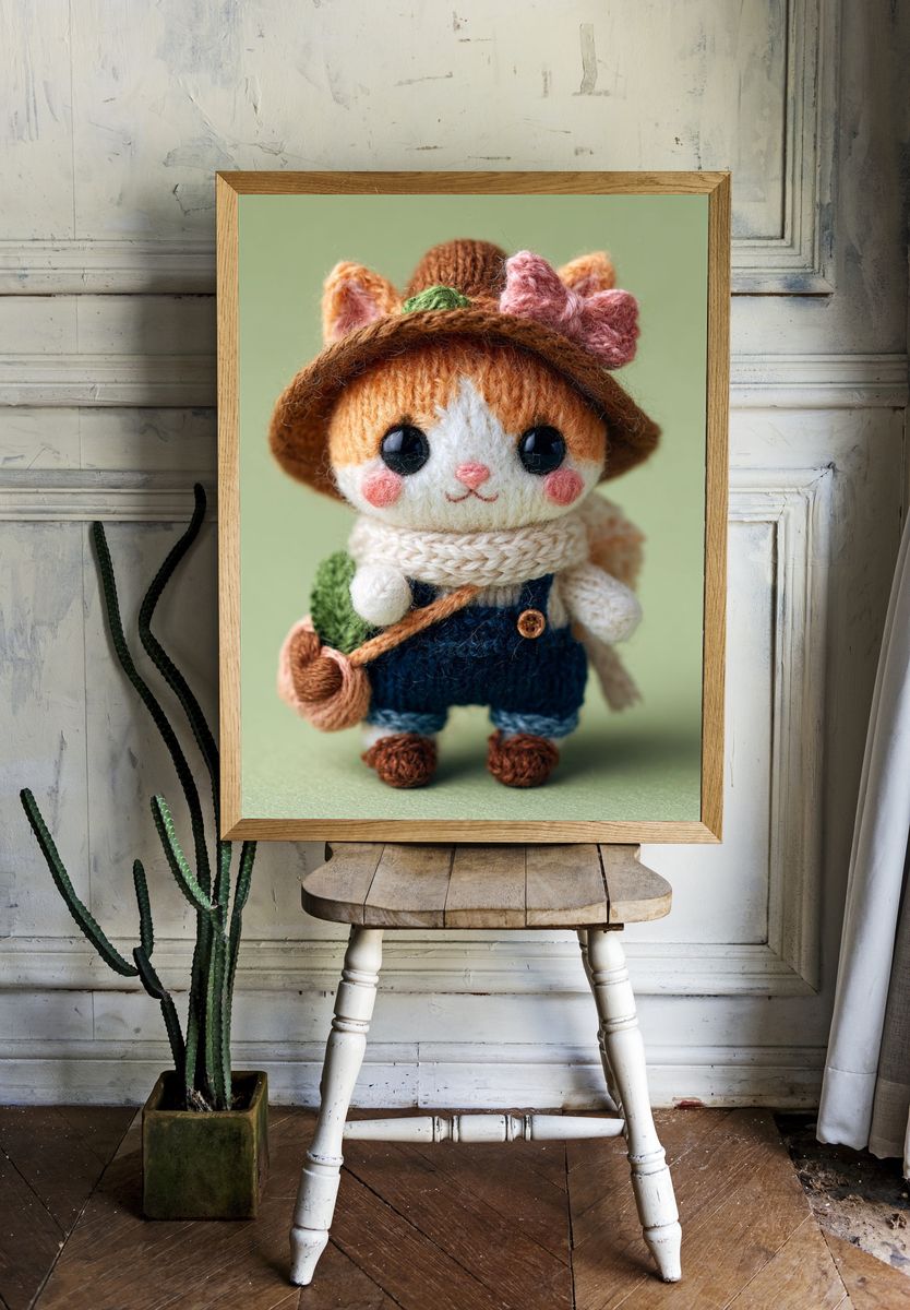 Knitted Cat Doll Illustration Poster. room preview