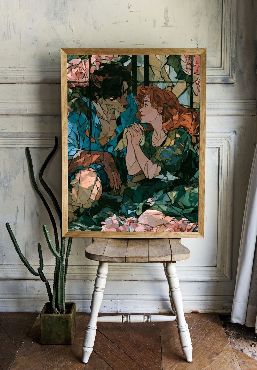 Romantic Floral Couple Illustration Poster. — room view 1