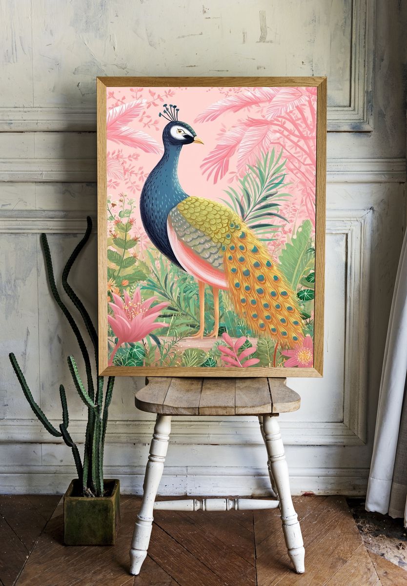 Peacock Garden Illustration Poster. room preview