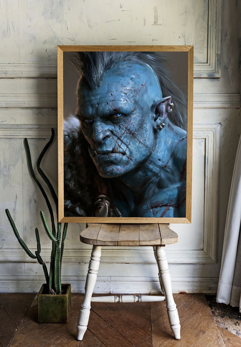 Blue Orc Warrior Digital Art Print. room preview