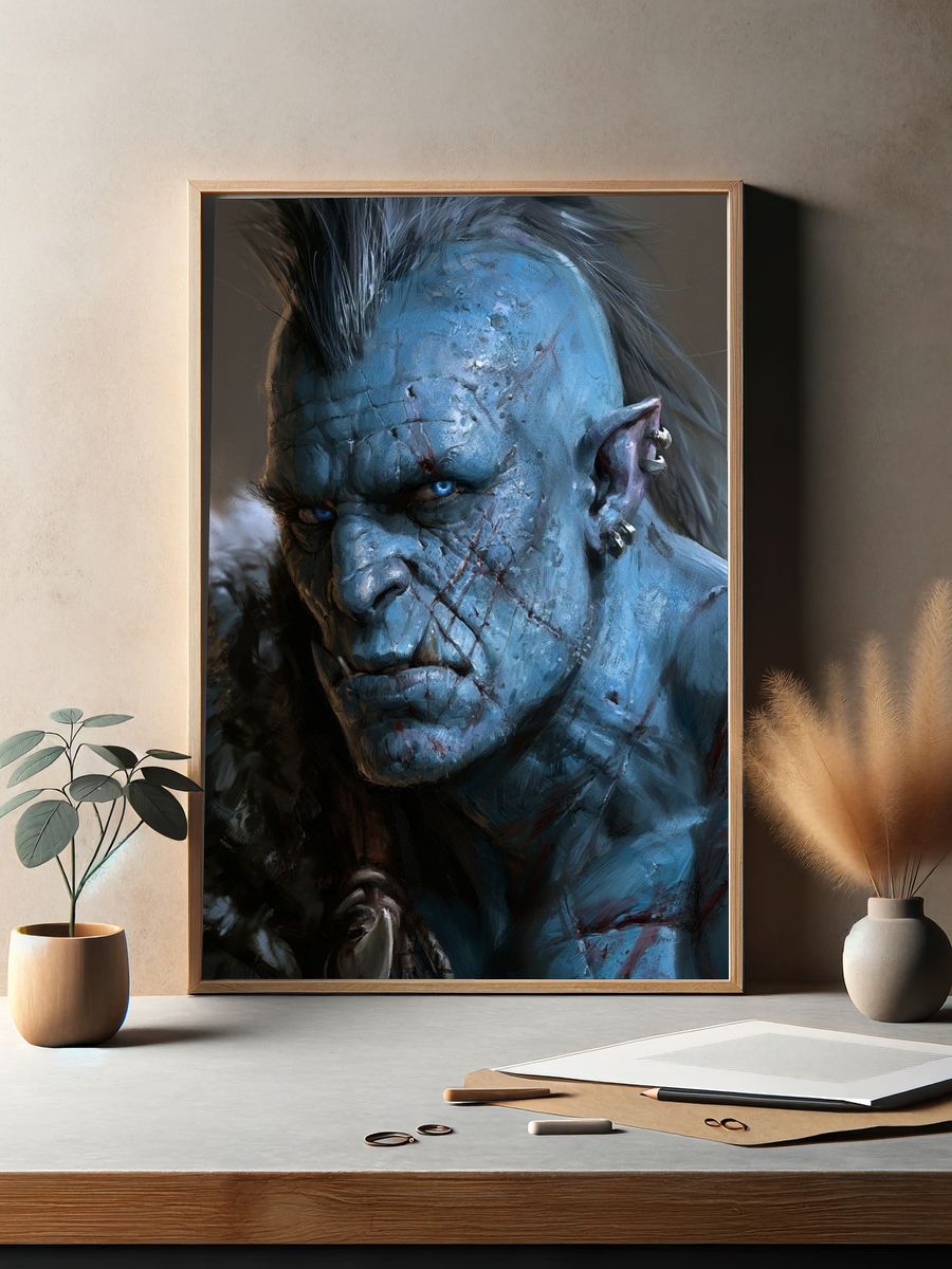 Blue Orc Warrior Digital Art Print. — room view 2