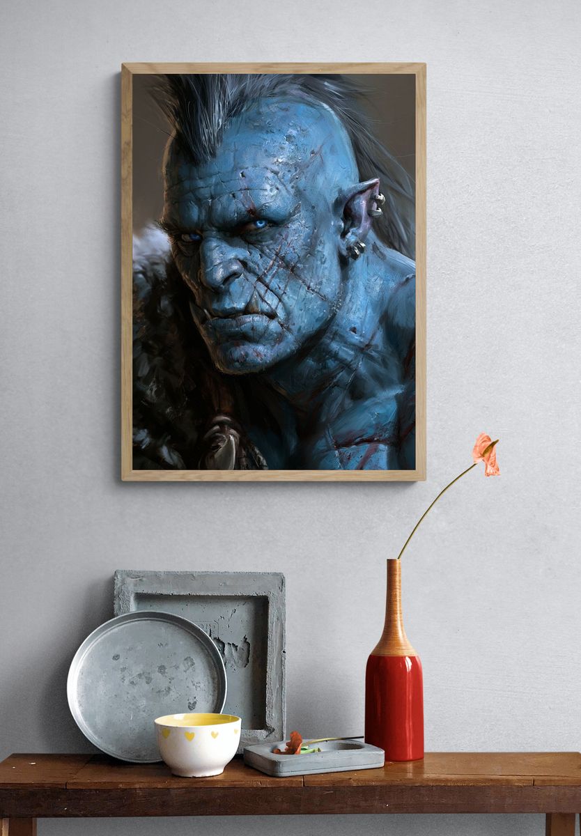 Blue Orc Warrior Digital Art Print. — room view 3