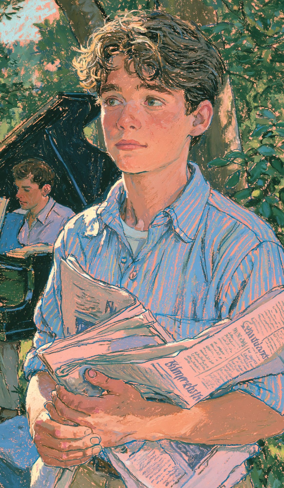 Boy Reading in Garden Illustration Poster. poster detail