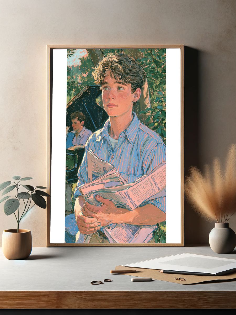 Boy Reading in Garden Illustration Poster. — room view 2