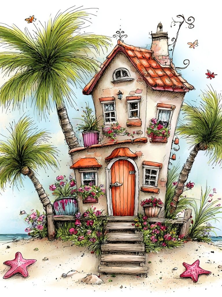 Tropical Beach Cottage Illustration Print. poster detail