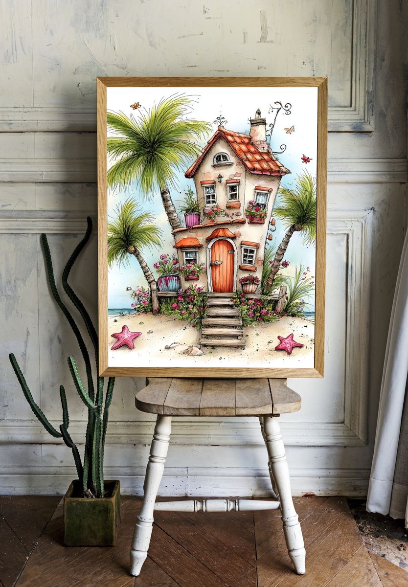 Tropical Beach Cottage Illustration Print. — room view 1