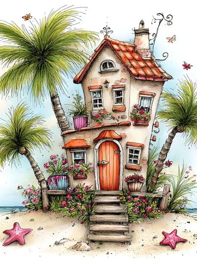 Tropical Beach Cottage Illustration Print. poster print