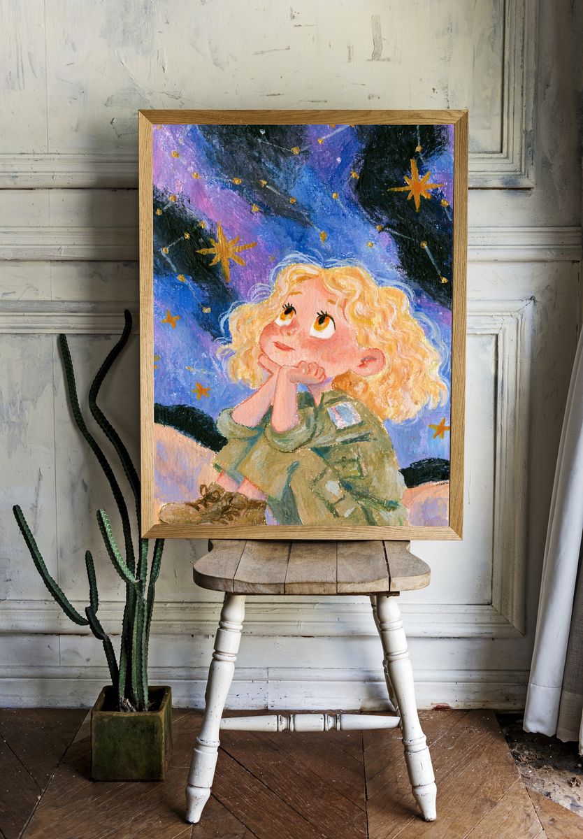 Stargazing Girl Illustration Poster. — room view 1