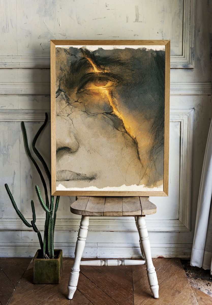Golden Face Study Illustration Print. room preview