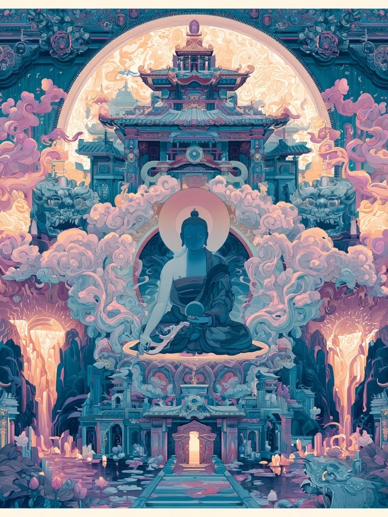 Temple Buddha Dreamscape Print. poster — illustration art