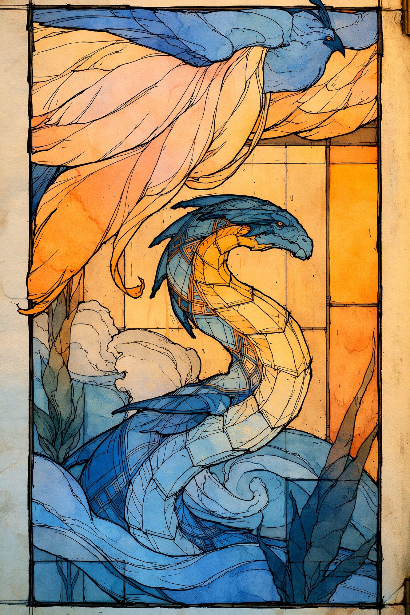Blue Birds Stained Glass Poster. poster — illustration art