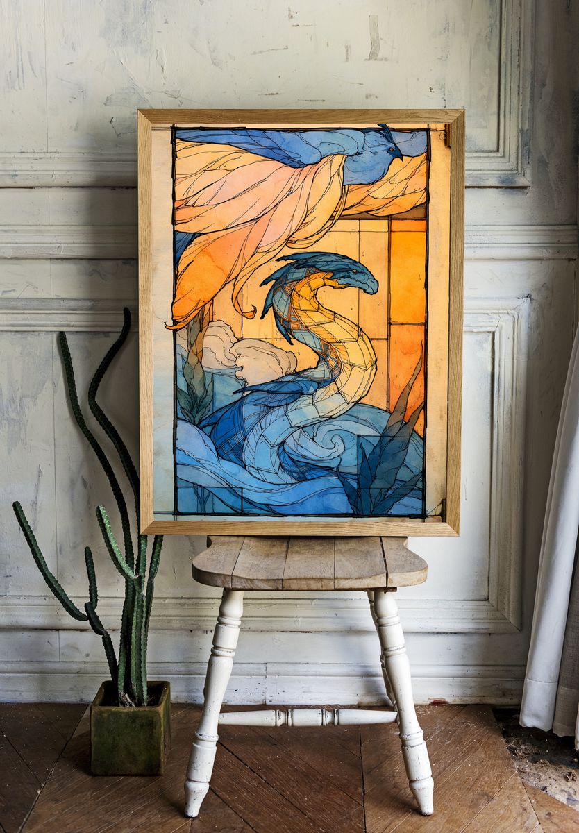 Blue Birds Stained Glass Poster. room preview