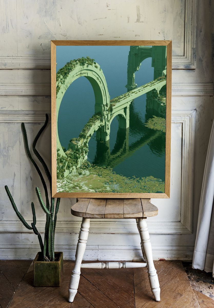 Verdant Ruins Over Water Poster. — room view 1