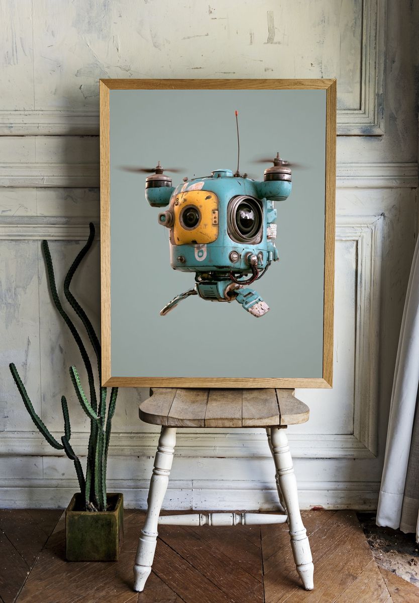 Retro Drone Robot Portrait Poster. — room view 1