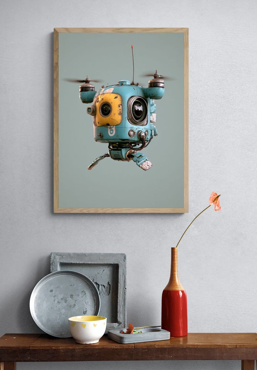 Retro Drone Robot Portrait Poster. — room view 3