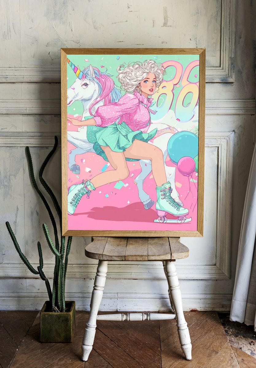 Unicorn Roller Girl Illustration Poster. room preview