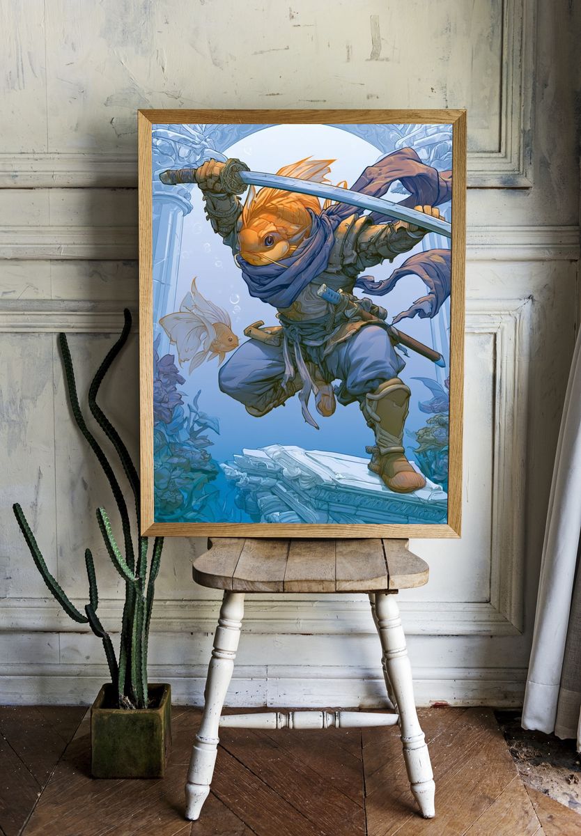 Fish Samurai Fantasy Illustration Poster. room preview