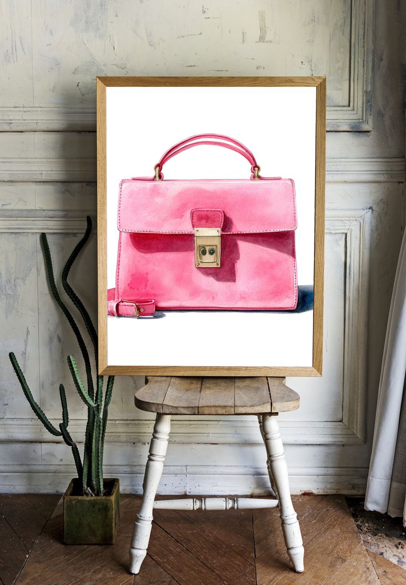 Pink Handbag Watercolor Print. room preview