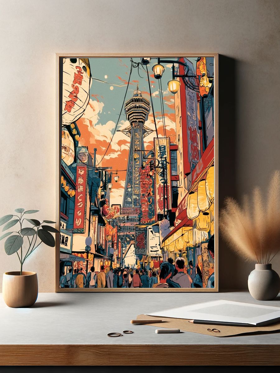 Osaka Street Tower Illustration Poster. — room view 2