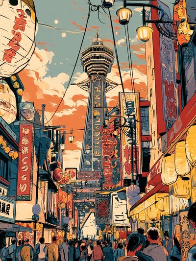 Osaka Street Tower Illustration Poster. poster