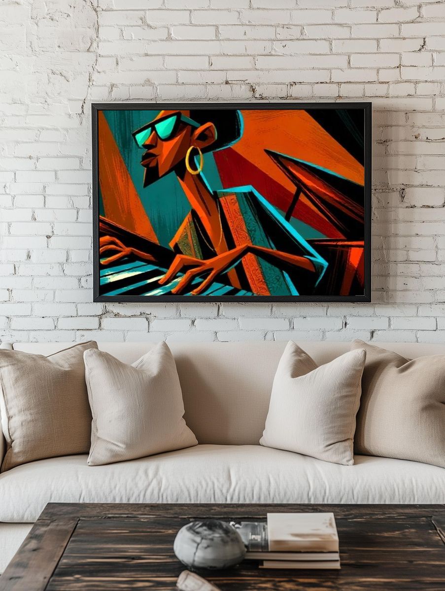 Stylized Jazz Pianist Illustration Poster. — room view 1