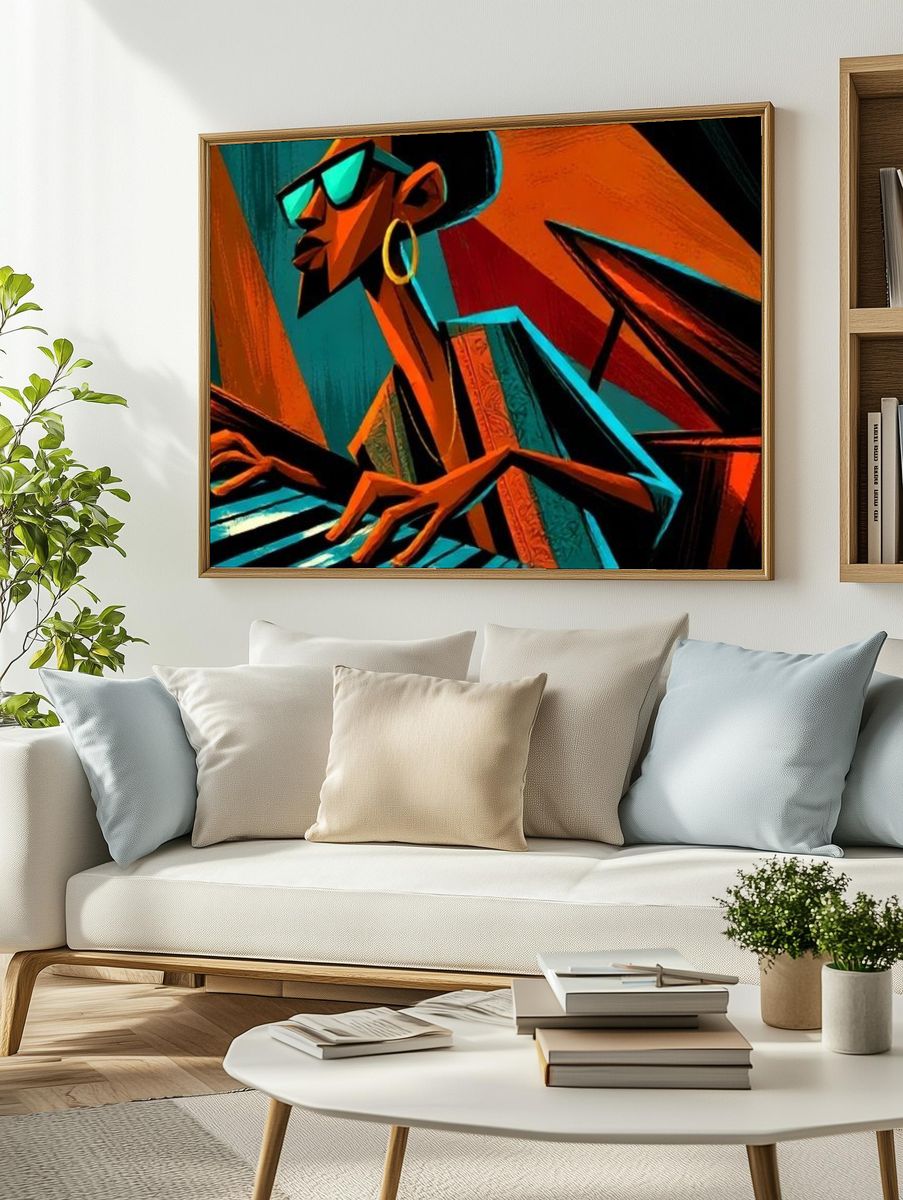 Stylized Jazz Pianist Illustration Poster. — room view 2