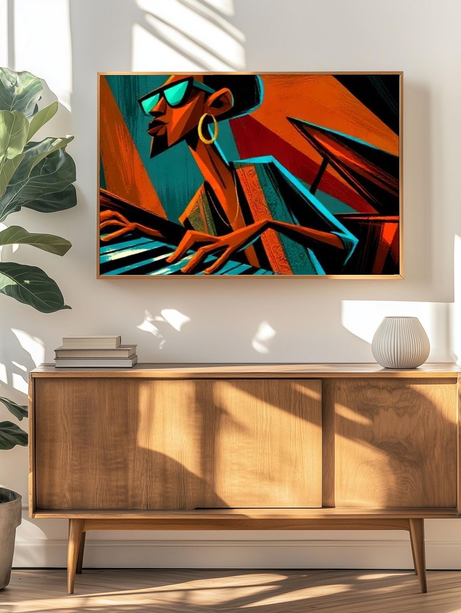 Stylized Jazz Pianist Illustration Poster. — room view 3