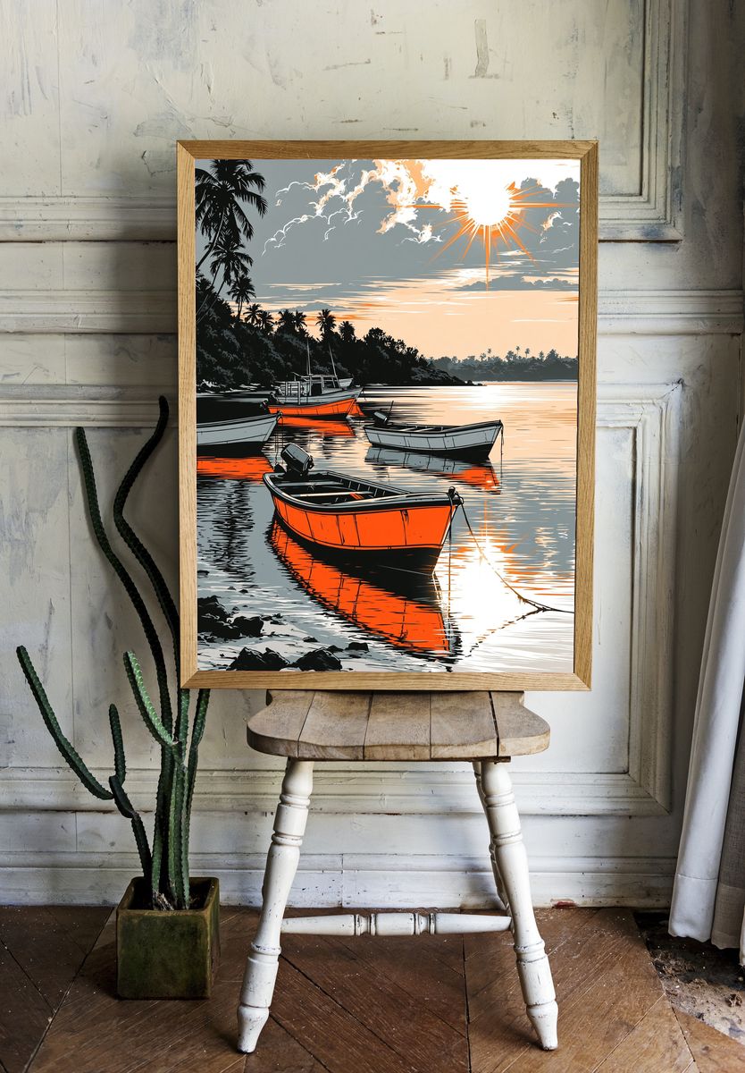 Tropical Sunset Boats Illustration Poster. room preview