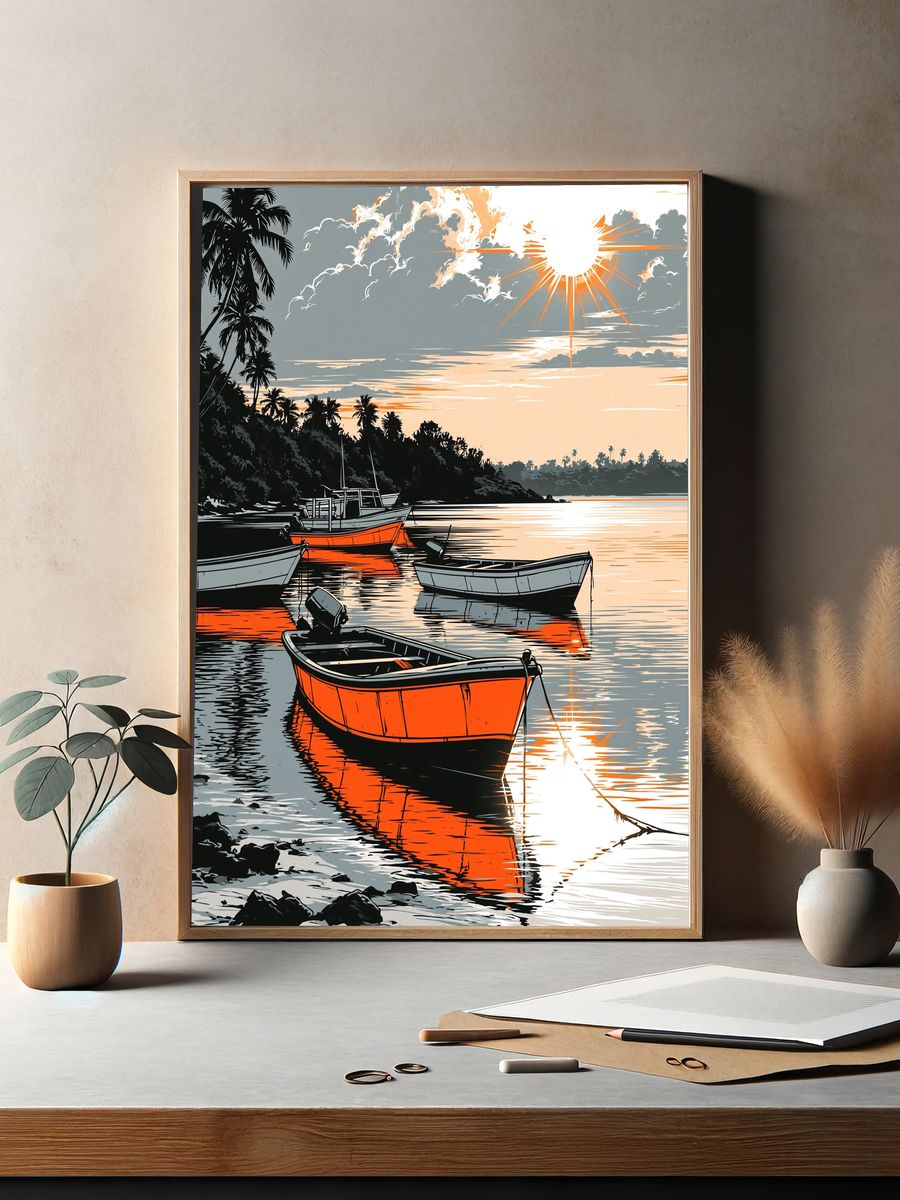 Tropical Sunset Boats Illustration Poster. — room view 2