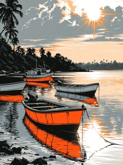 Tropical Sunset Boats Illustration Poster. poster