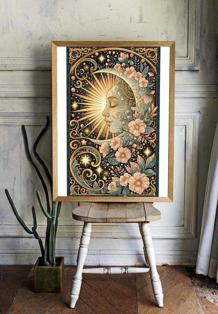 Celestial Moon Floral Illustration Poster. room preview