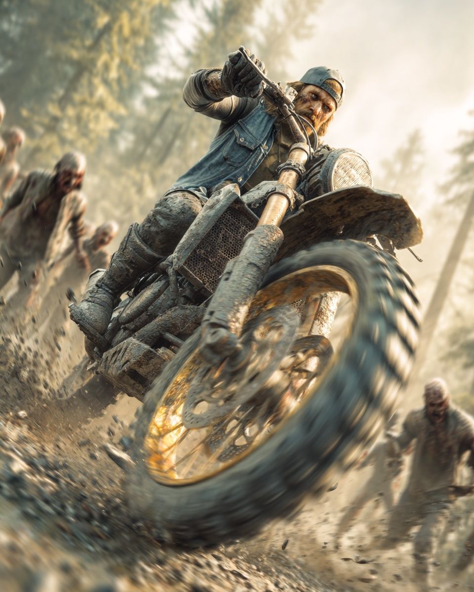Zombie Motorcycle Chase Illustration Print. poster detail