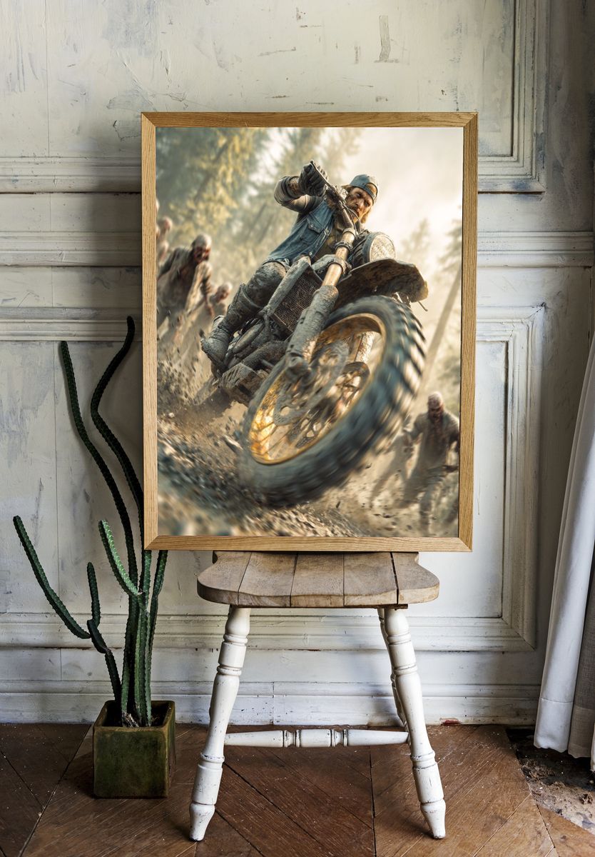 Zombie Motorcycle Chase Illustration Print. room preview