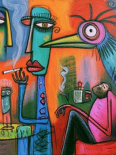 Surreal Faces and Bird Illustration Poster. poster detail