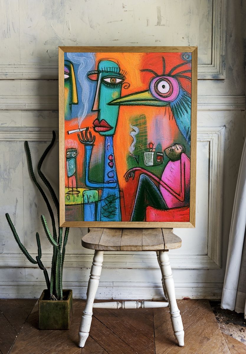 Surreal Faces and Bird Illustration Poster. — room view 1