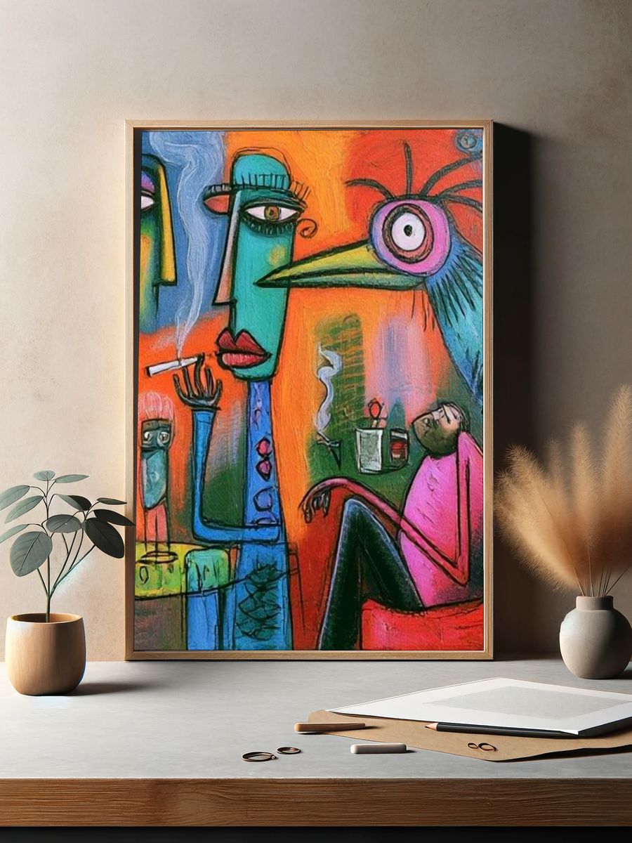 Surreal Faces and Bird Illustration Poster. — room view 2