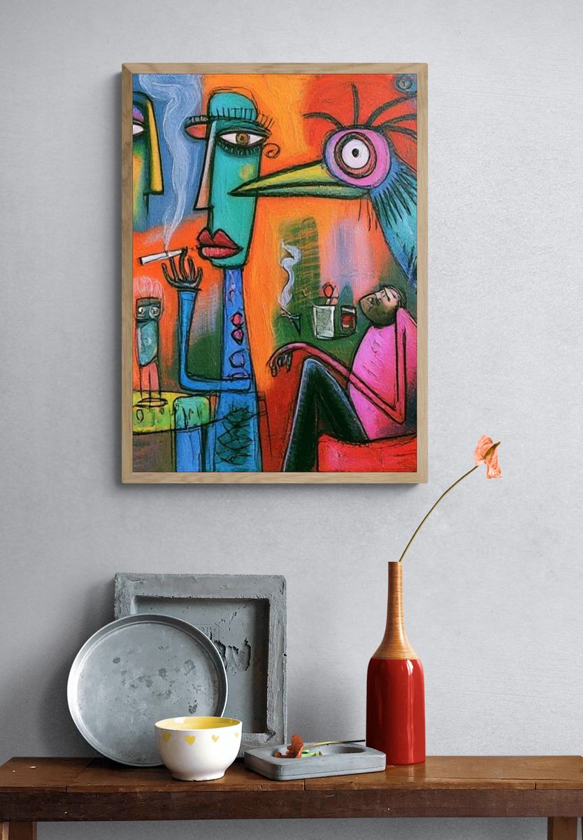 Surreal Faces and Bird Illustration Poster. — room view 3