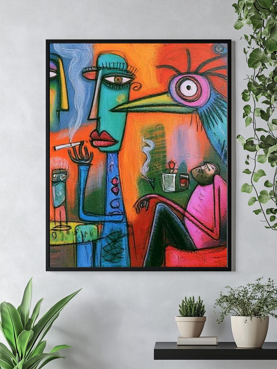 Surreal Faces and Bird Illustration Poster. — room view 4