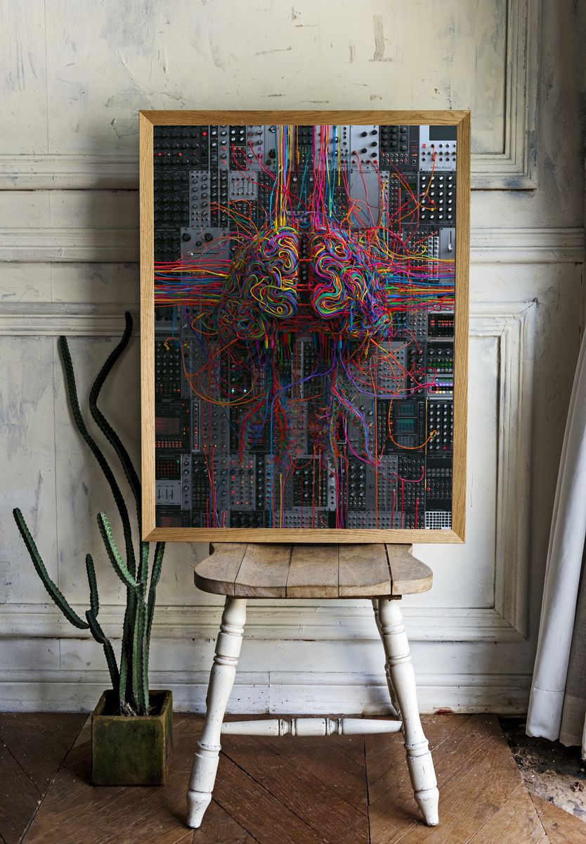 Neon Cable Brain Illustration Poster. — room view 1
