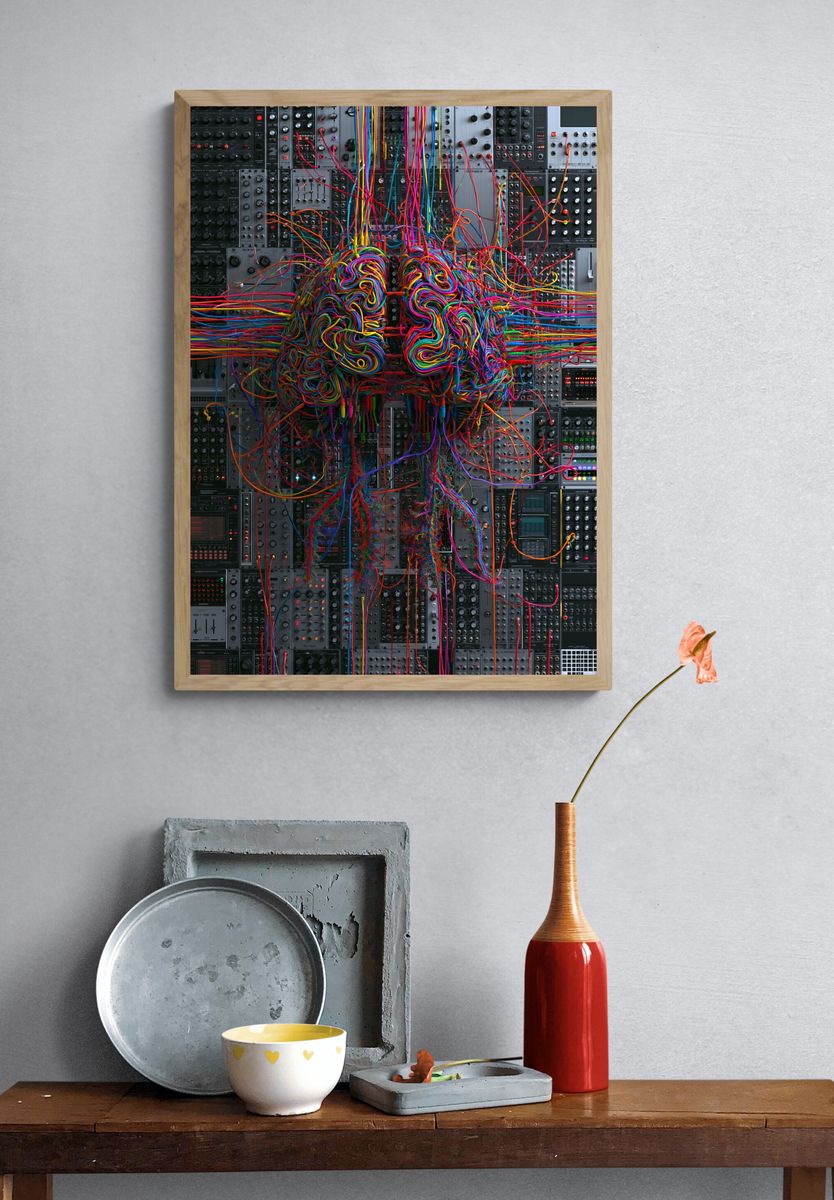Neon Cable Brain Illustration Poster. — room view 3