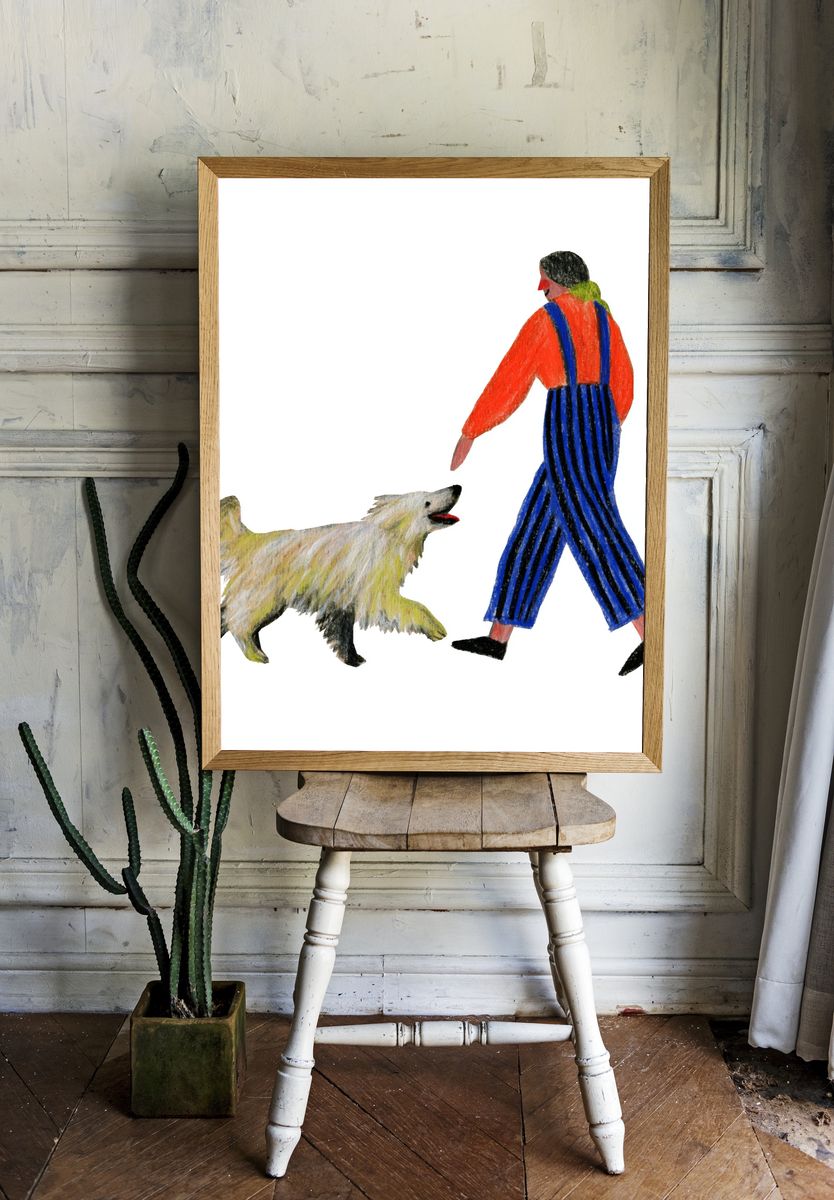 Girl Walking Dog Illustration Poster. — room view 1