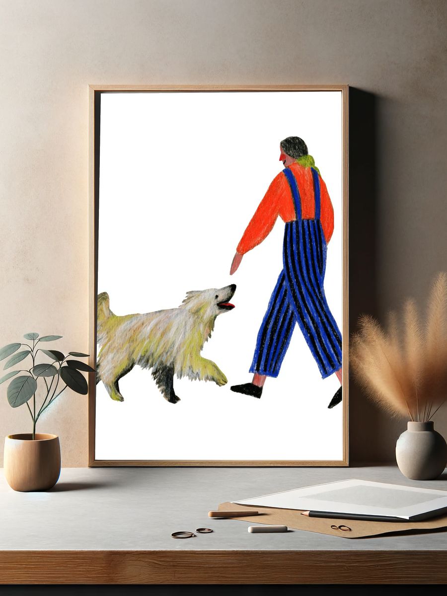 Girl Walking Dog Illustration Poster. — room view 2