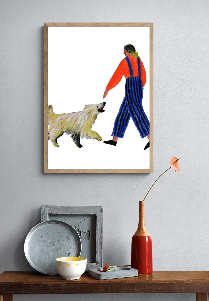 Girl Walking Dog Illustration Poster. — room view 3