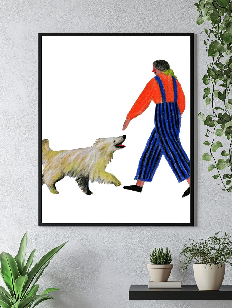 Girl Walking Dog Illustration Poster. — room view 4