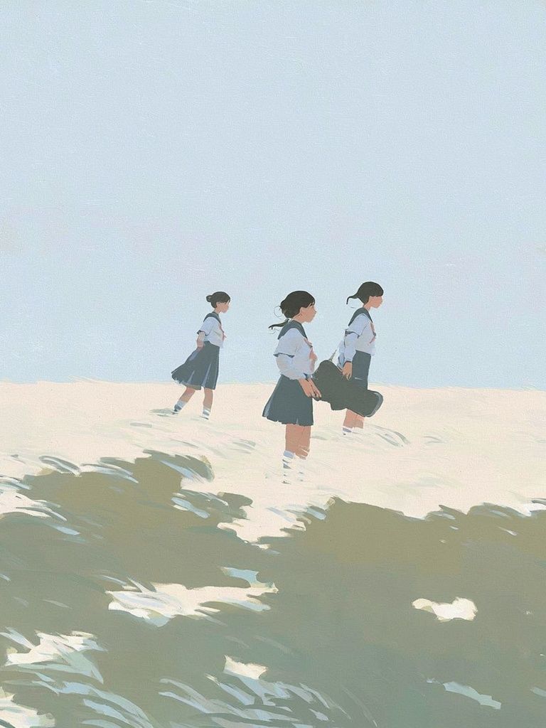 Schoolgirls in Seaside Breeze Illustration Poster. poster detail