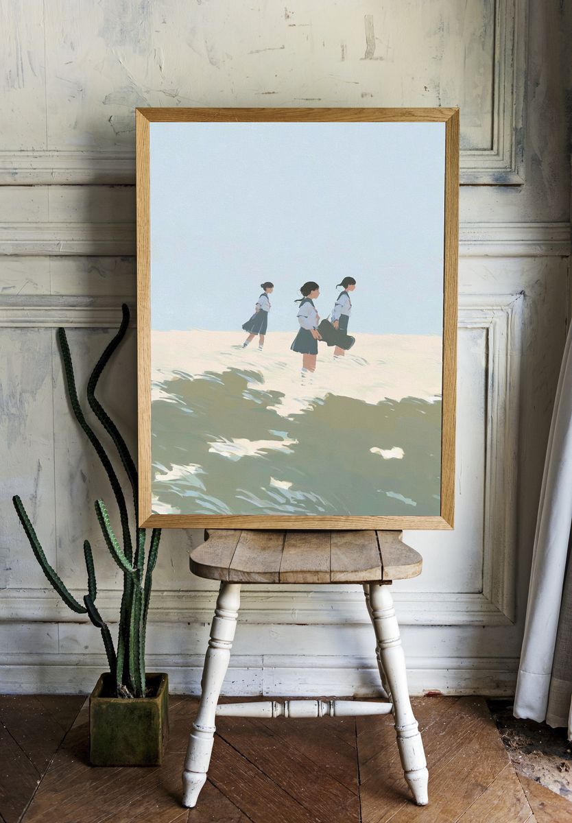Schoolgirls in Seaside Breeze Illustration Poster. room preview